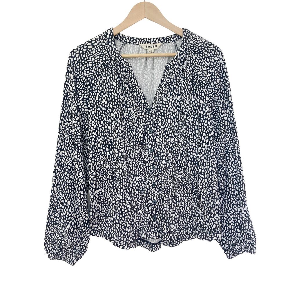 Boden Cotton Modal Black White Polka Dot Twee Button Up Office V-Neck Shirt 6